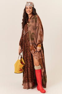 Vestido Longo Amplo Com Flores Bordadas Marrom Patchwork Yacamim D8