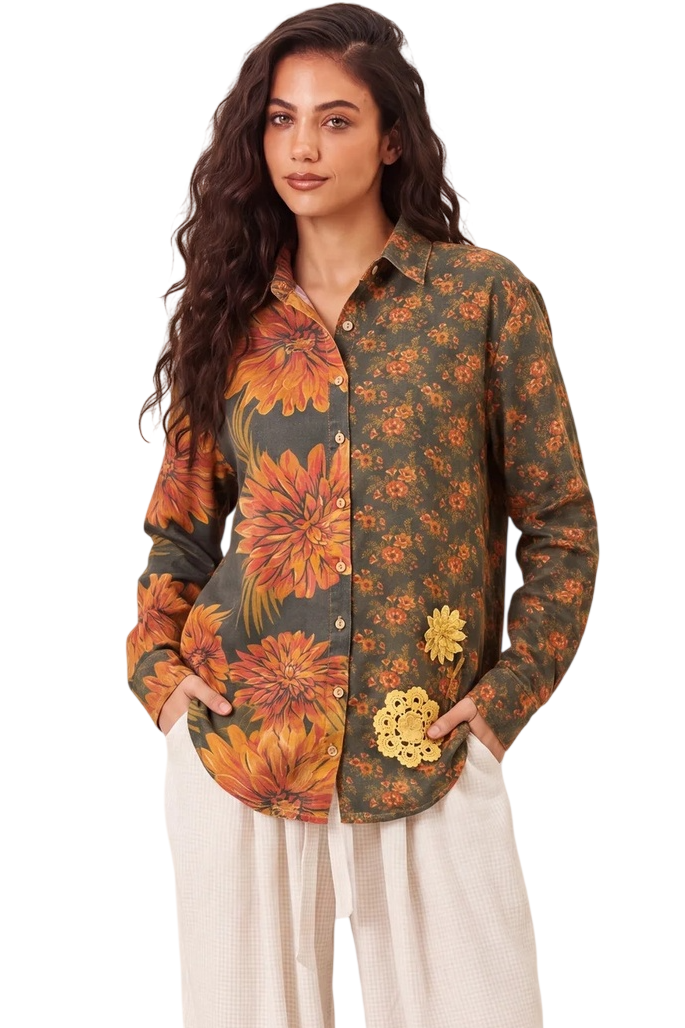 Camisa Tiradentes Com Flores Bordadas Laranja E Verde Estampado Yacamim R1