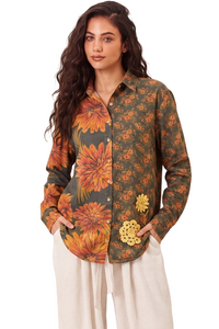 Camisa Tiradentes Com Flores Bordadas Laranja E Verde Estampado Yacamim R1