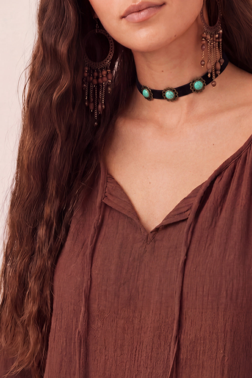 Colar choker Boho Pedras Turquesa Yacamim #1092