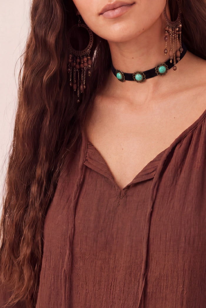 Colar choker Boho Pedras Turquesa Yacamim #1092