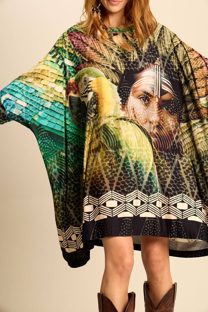 Yacamim B11 Wide Tunic with 3/8 Sleeves - Green Indigenous Print