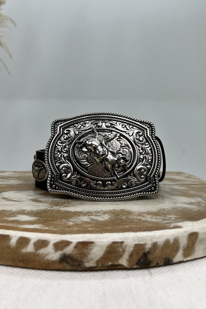 Yacamim Black Leather Belt With Metallic Bull Buckle #219