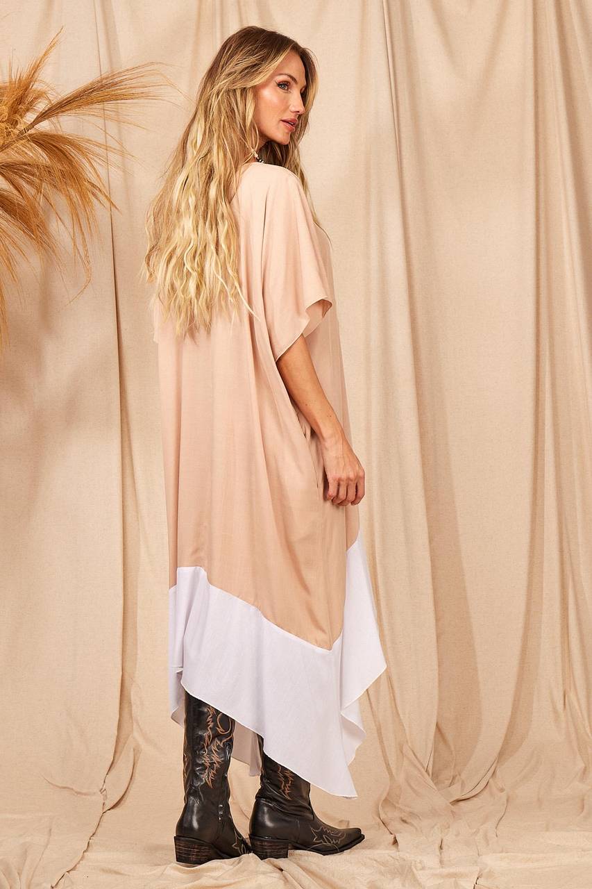 Yacamim Beige Patchwork Midi Dress with Pockets