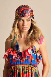 Yacamim E17 Pink Printed Long Dress with Adjustable Straps and Ruffles