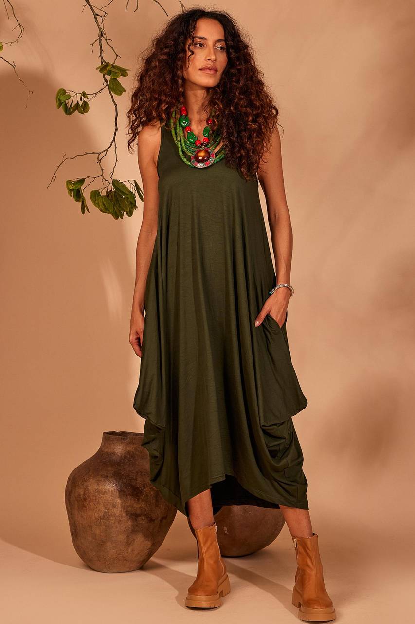 Yacamim Dark Green Midi Sleeveless Dress with Pockets