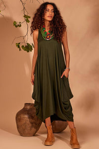Yacamim Dark Green Midi Sleeveless Dress with Pockets