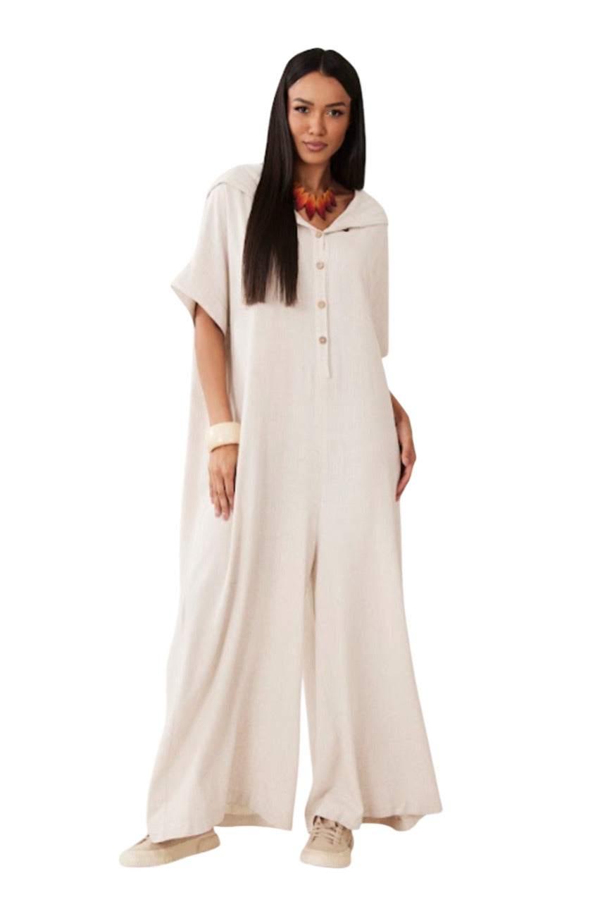 Yacamim O6 Beige Long Jumpsuit with Hood