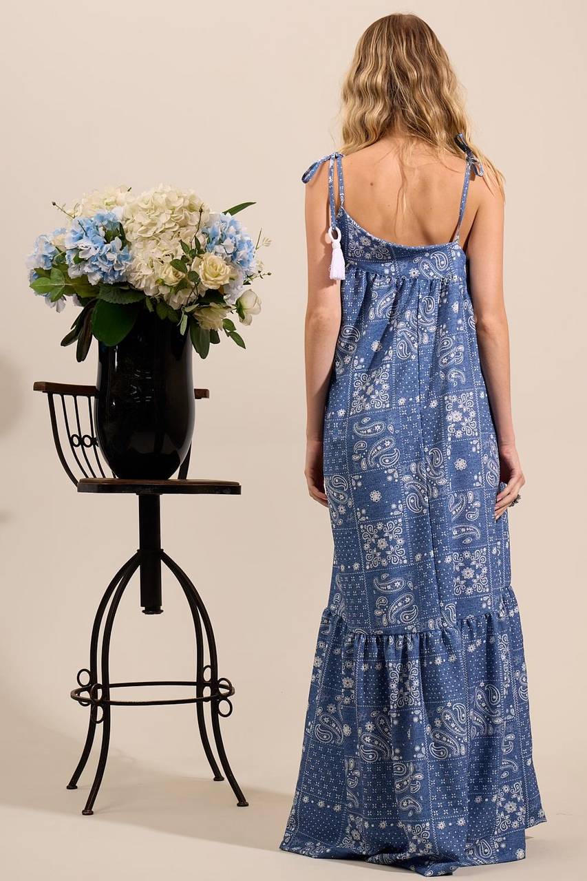 Yacamim E4 Blue Cashmere Print Long Dress with Straps and Asymmetrical Cut