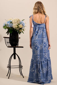 Yacamim E4 Blue Cashmere Print Long Dress with Straps and Asymmetrical Cut