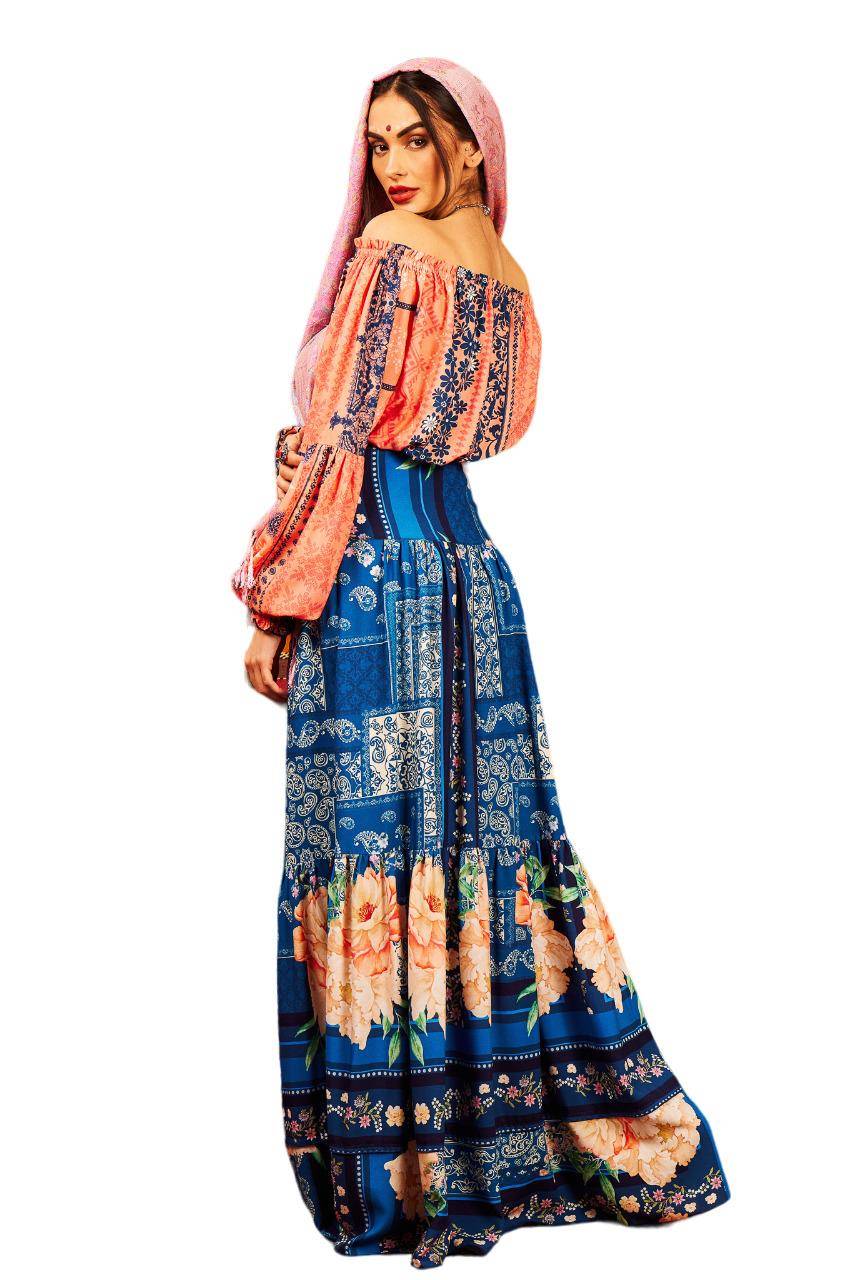 Yacamim G2 Blue Printed High-Waisted Long Skirt