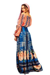 Yacamim G2 Blue Printed High-Waisted Long Skirt