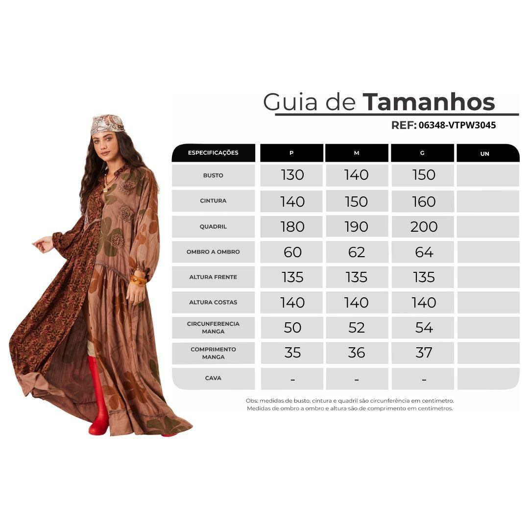 Vestido Longo Amplo Com Flores Bordadas Marrom Patchwork Yacamim D8
