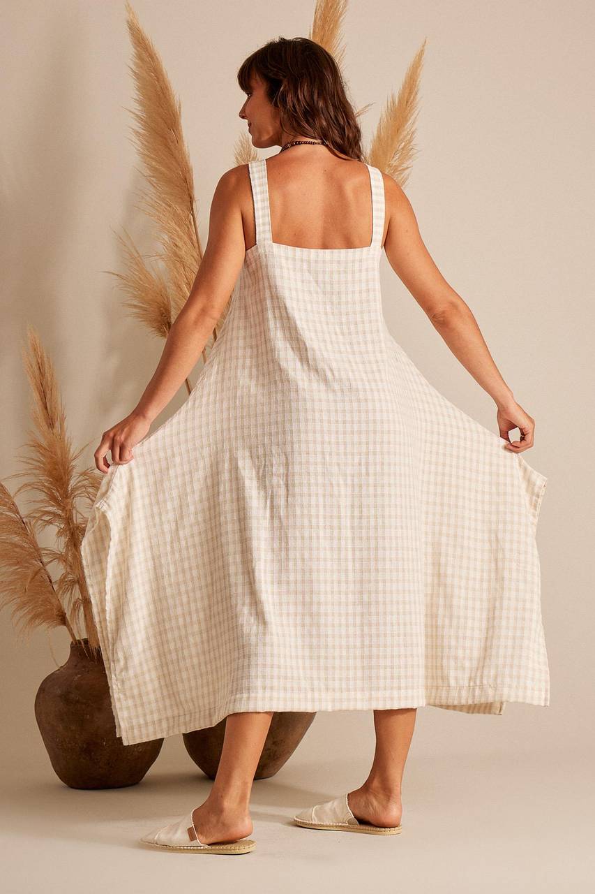 Yacamim D2 Plaid Beige Linen Midi Dress