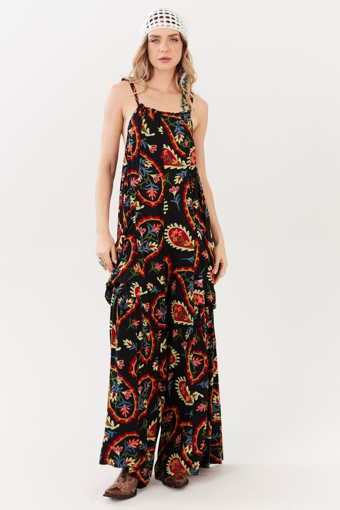 Yacamim Black Paisley Print Long Jumpsuit O1