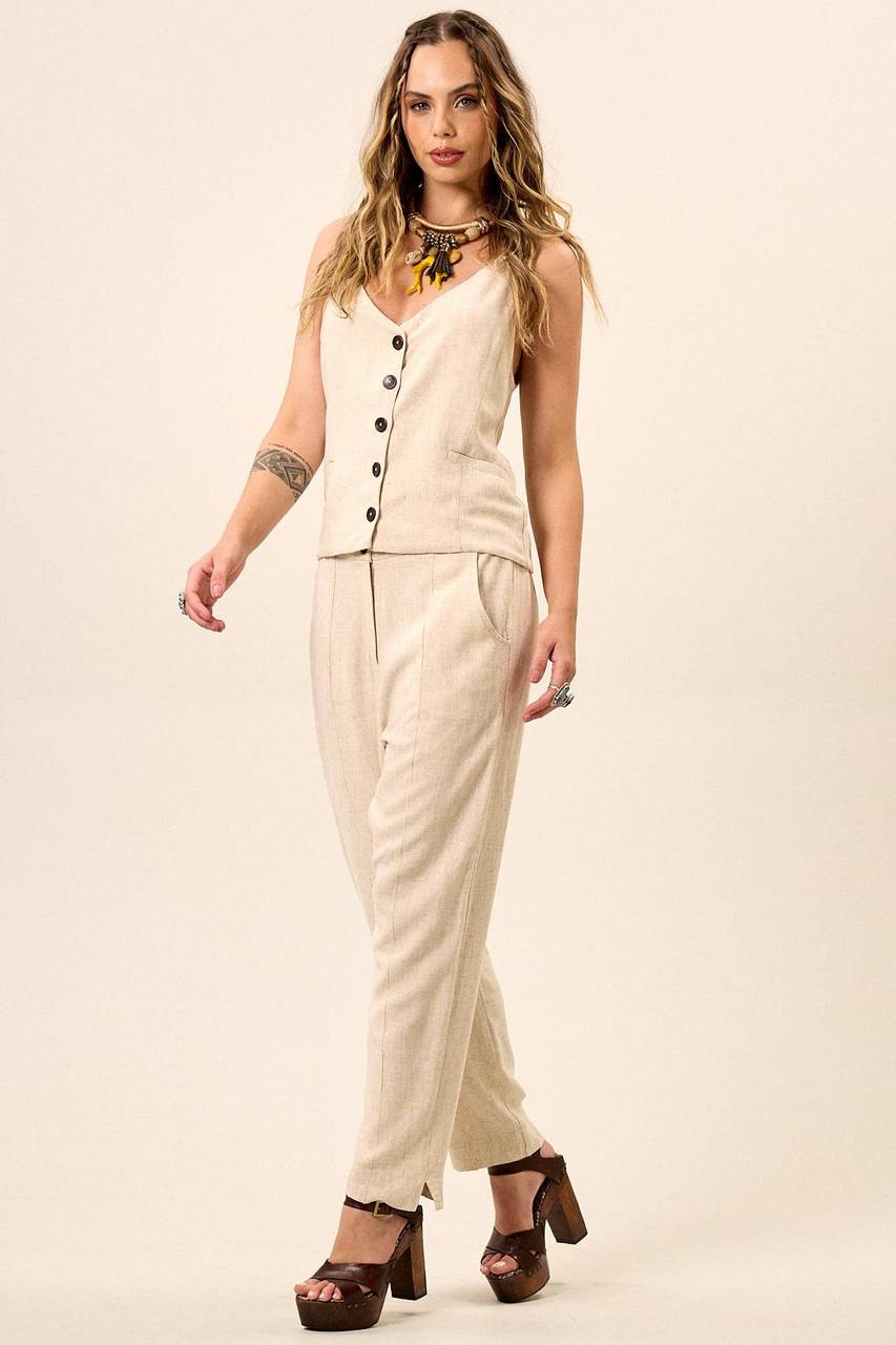 Yacamim Beige Viscose Linen Tailored Pants with Pockets