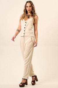 Yacamim Beige Viscose Linen Tailored Pants with Pockets