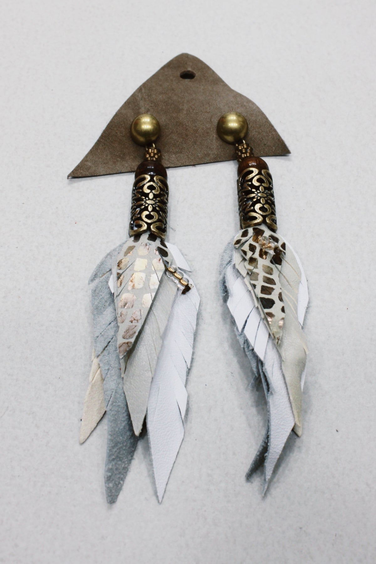 Yacamim #653 Gray Leather Handcrafted Earring with Embossed Metal