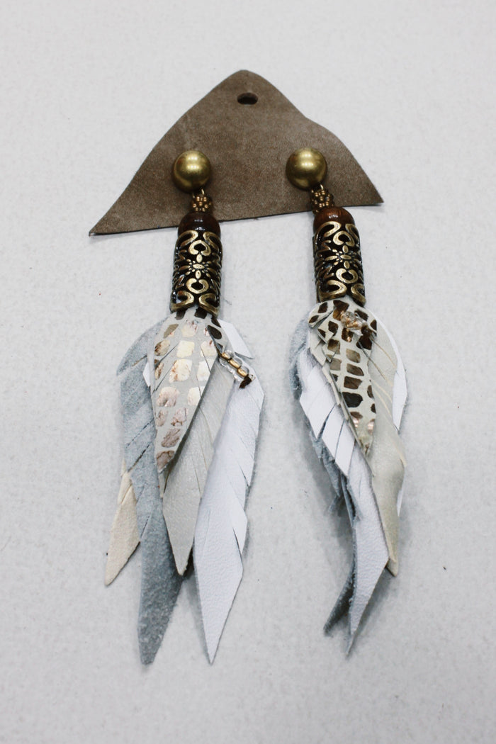 Yacamim #653 Gray Leather Handcrafted Earring with Embossed Metal