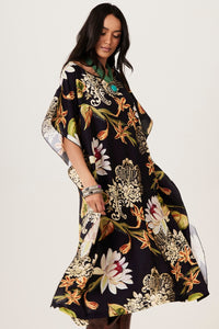 Black Loose Kaftan Floral Print Yacamim J7