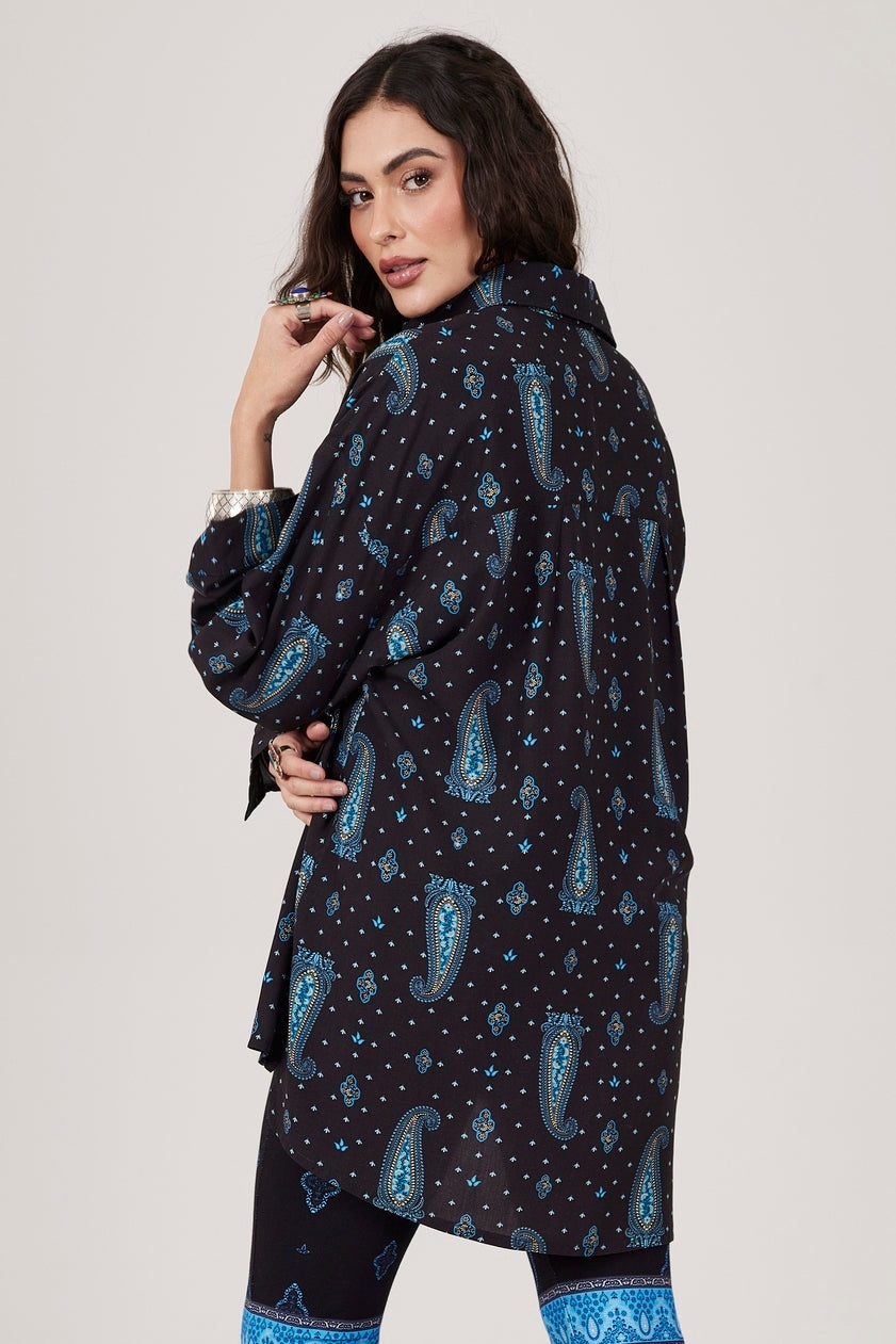Yacamim A16 Navy Blue Cashmere Oversized Long-Sleeve Shirt