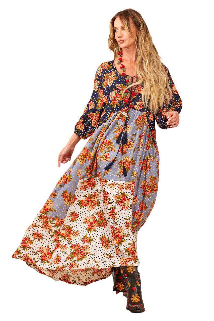 Yacamim D6 Long Patchwork Dress with Puffy Long Sleeves