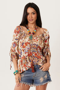 Yacamim B5 Beige Printed Gypsy Blouse with Long Sleeves