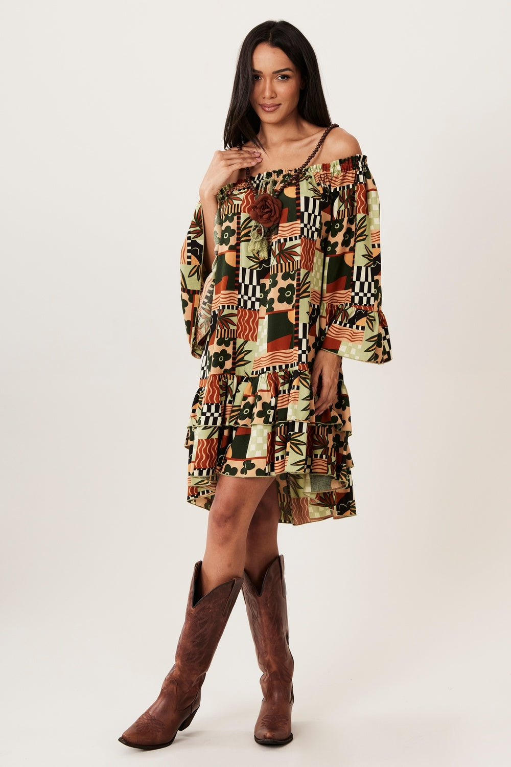 Yacamim D20 Green Printed Off-the-Shoulder Dress with 3/8 Sleeves