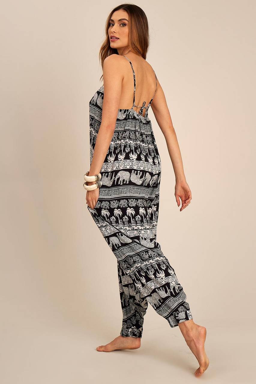 Yacamim O6 Black Printed Sarouel Jumpsuit with Straps