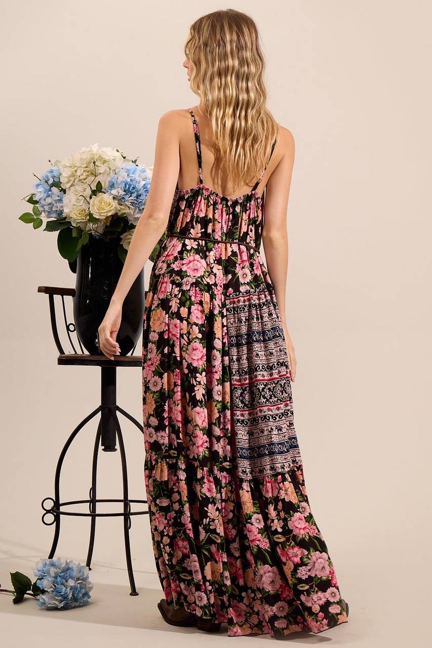 Yacamim Patchwork Print Black Long Dress with Side Slits