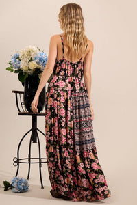 Yacamim Patchwork Print Black Long Dress with Side Slits