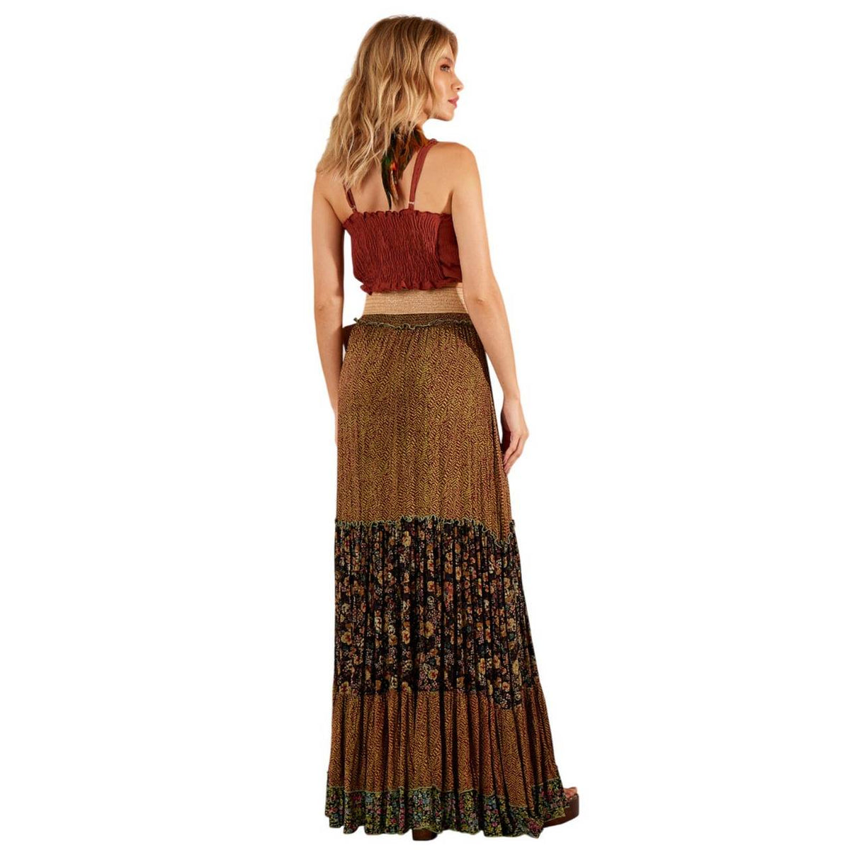 Women's Long Skirt With Shirred Waistband Dark Green Patchwork Yacamim G2
