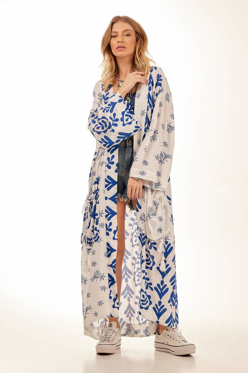 Yacamim Patchwork Printed White Long Kimono with Long Sleeves