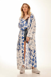 Yacamim Patchwork Printed White Long Kimono with Long Sleeves