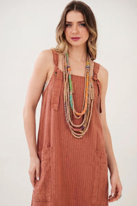 Terracotta Short Dress with Thin Stripes Yacamim C17