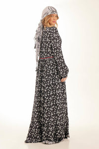 Yacamim Black Printed Long Dress with Puffy Sleeves and Destiny Ribbon Detail