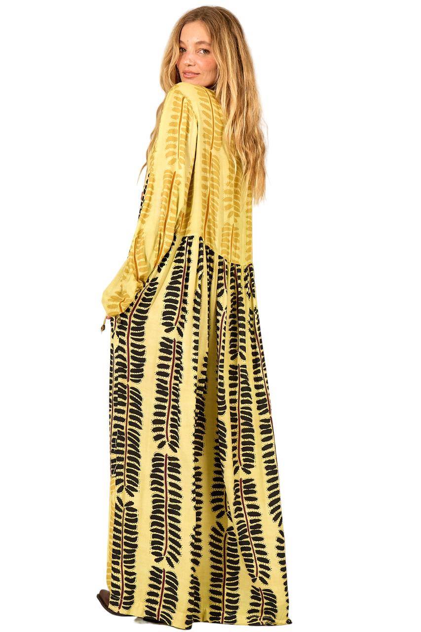 Long Printed Patchwork Green Composed Dress with Pockets Yacamim