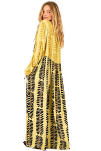 Long Printed Patchwork Green Composed Dress with Pockets Yacamim