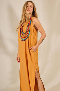 Yacamim E23 Mustard Linen Tank Midi Dress