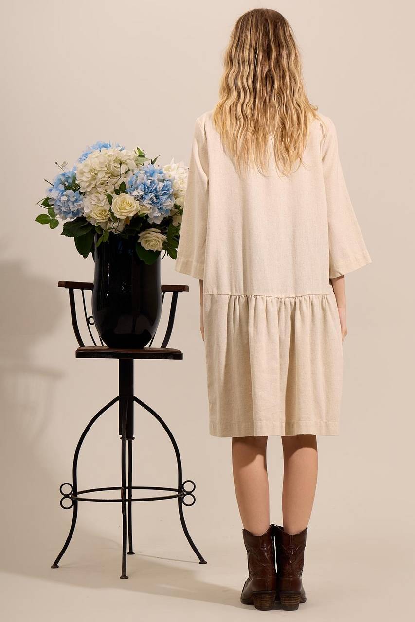 Yacamim Beige Linen Short Dress With Pockets