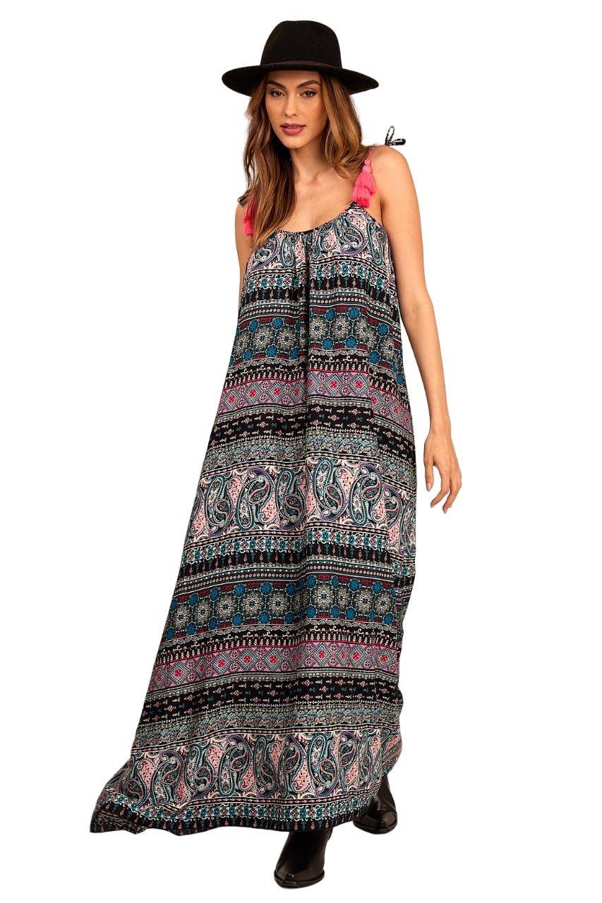 Yacamim C3 Basic Black Cashmere Print Long Dress with Tie Straps