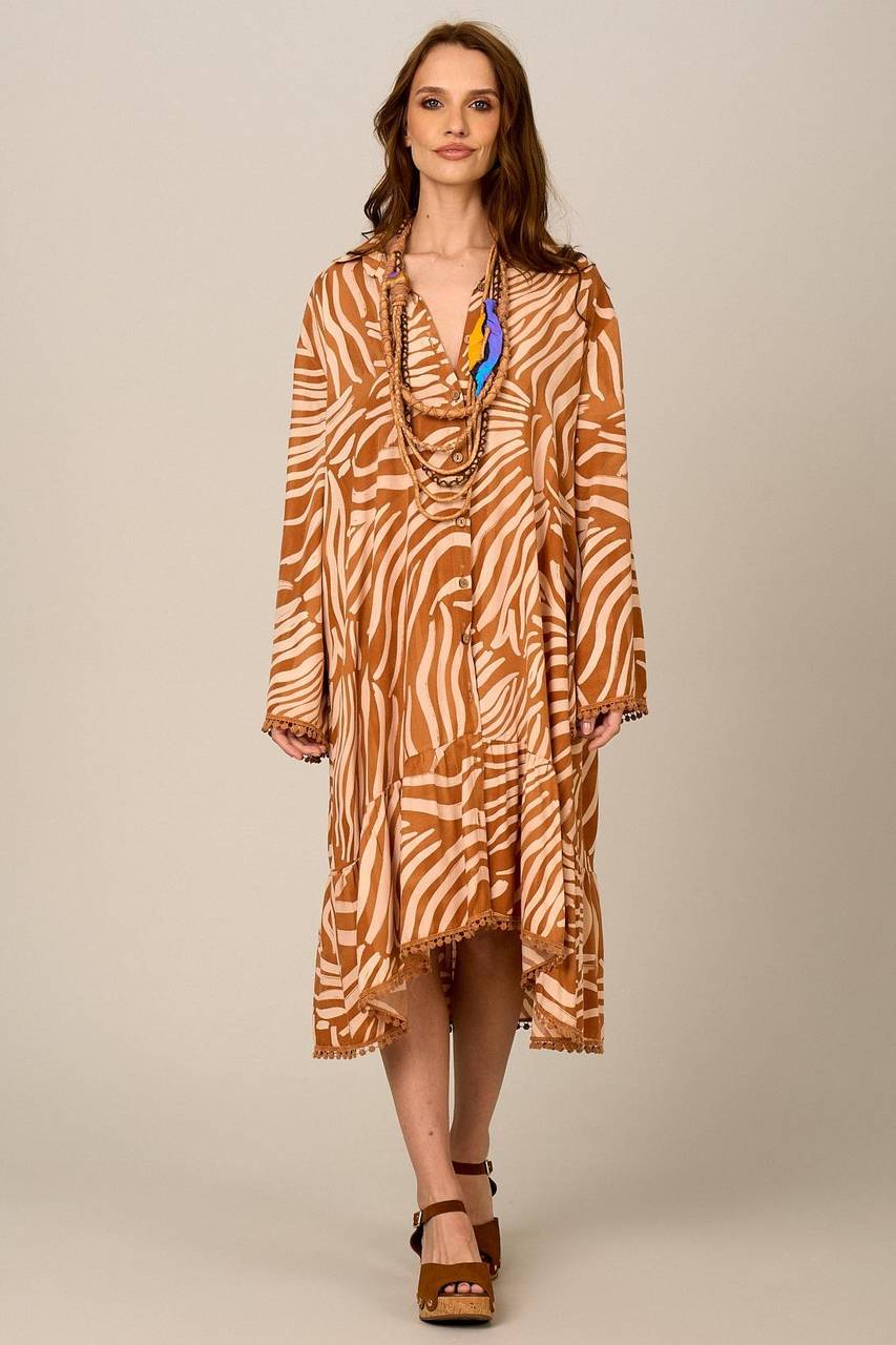 Yacamim N10 Light Brown Printed Loose Short Shirt