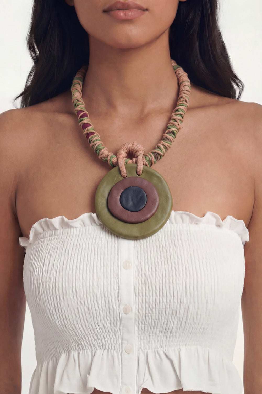 Handmade Necklace with Colorful Cords and Polymer Clay Yacamim #1065