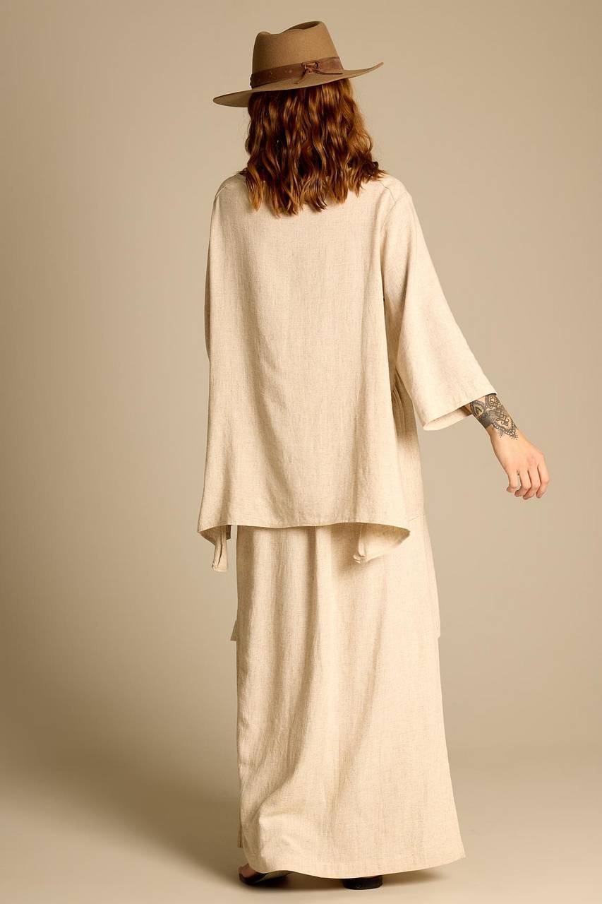 Yacamim Long Linen Skirt with Slits Beige G1