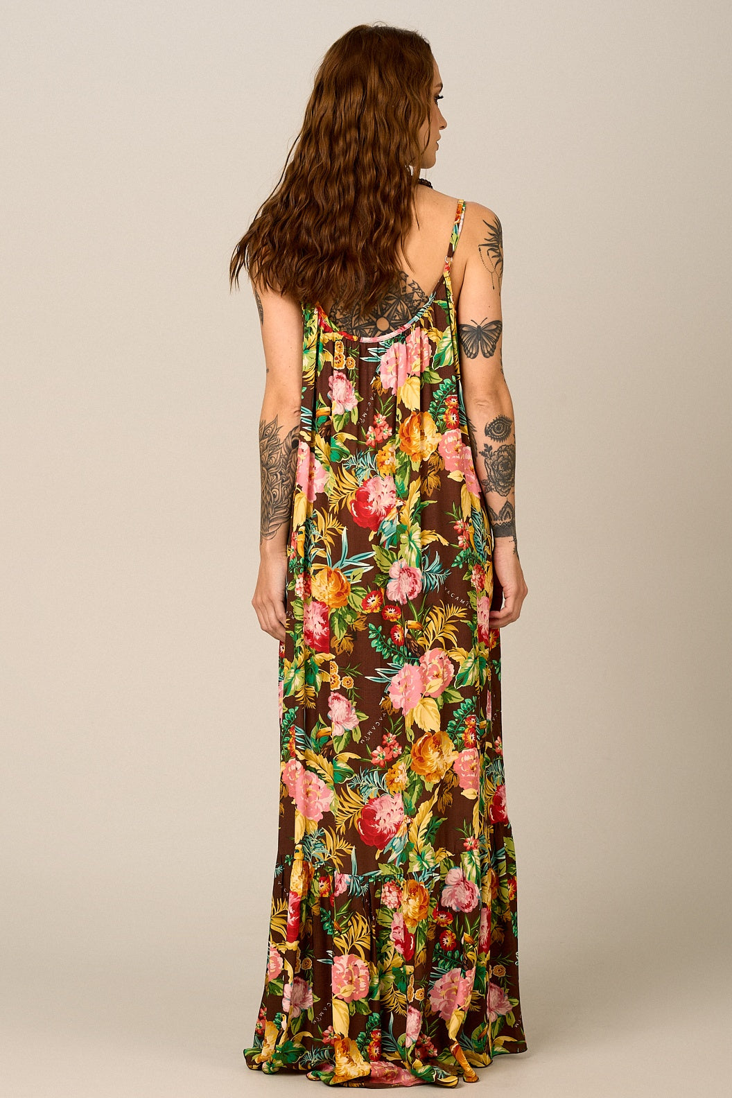 Yacamim C16 Floral Brown Long Dress with Adjustable Straps