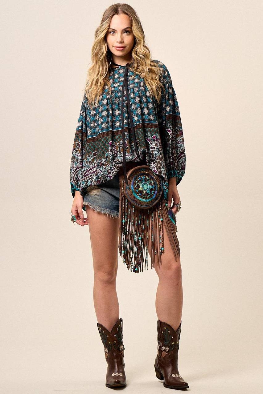 Yacamim Loose Robe with Long Billowy Sleeves and Cashmere Print B2