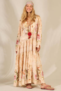 Long Beige Printed Long-Sleeved Dress Yacamim Retro Collection E22