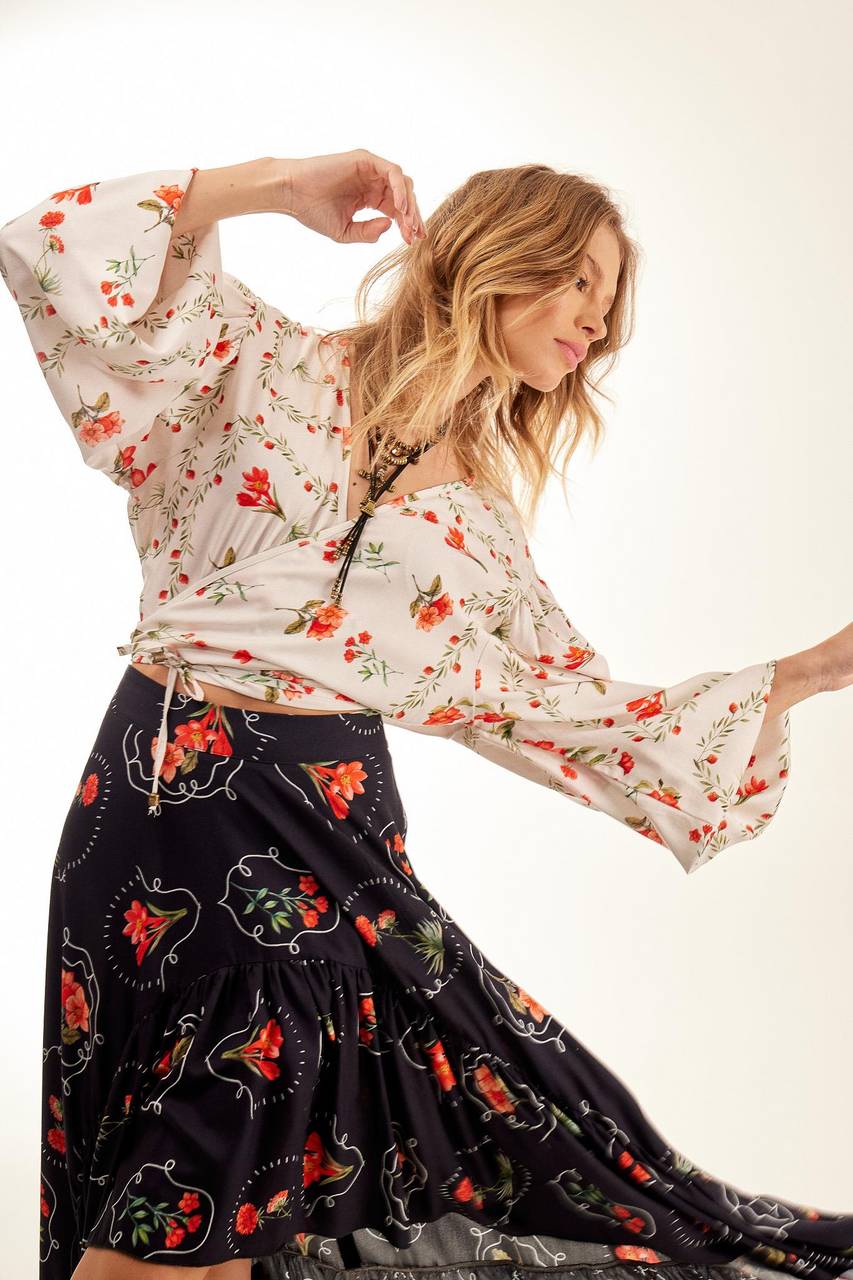 Yacamim Off-White Printed Long Puff Sleeve Wrap Cropped Top