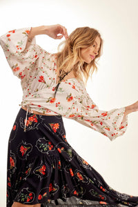 Yacamim Off-White Printed Long Puff Sleeve Wrap Cropped Top