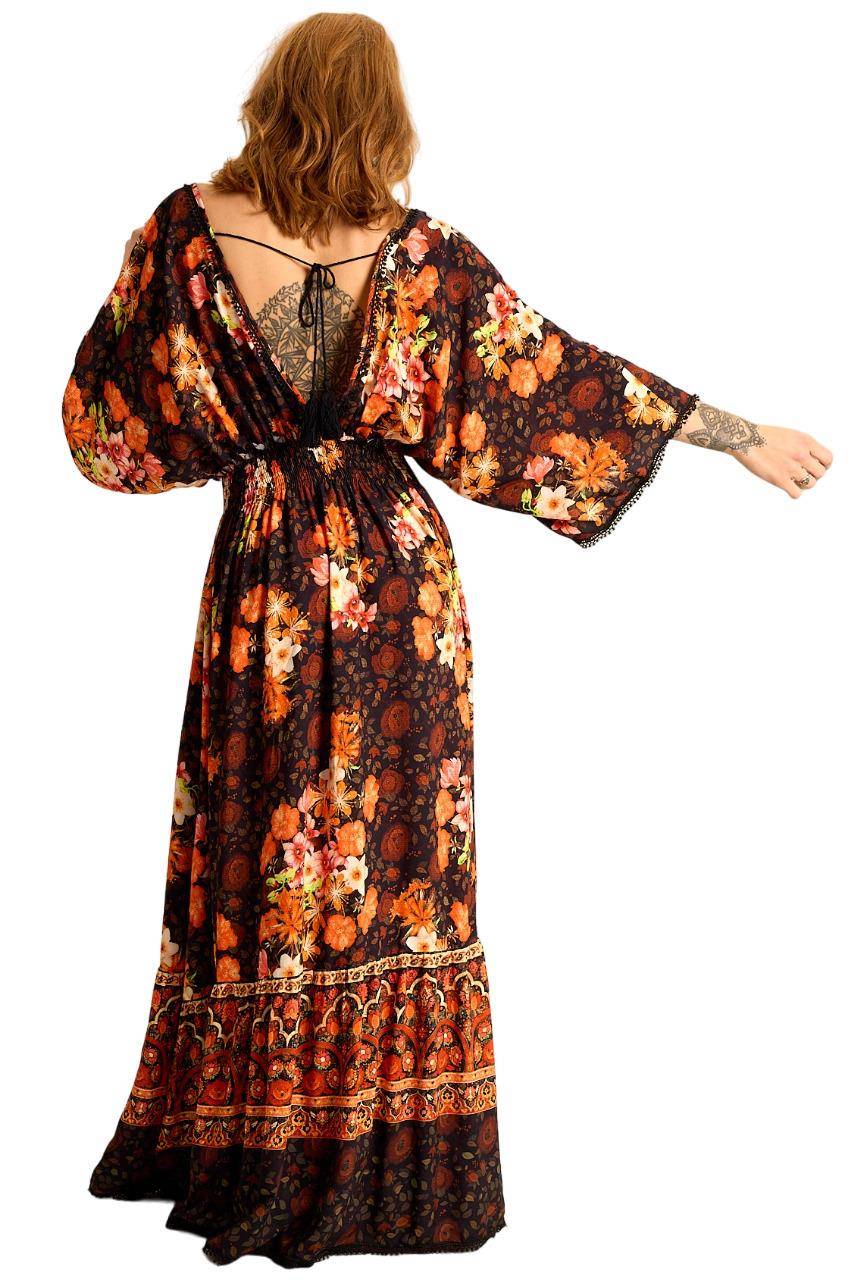 Yacamim Floral Print V-Neck Long Dress with Smocked Bodice